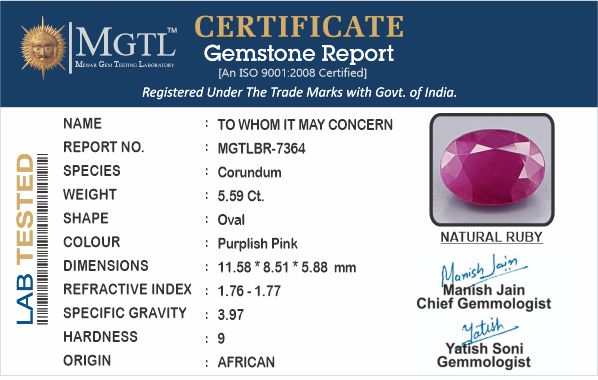 African Ruby - 5.59 Carat Prime Quality BR-7364