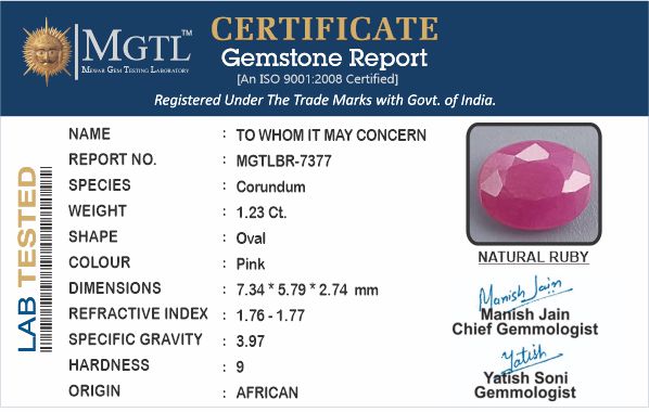 African Ruby - 1.23 Carat Prime Quality BR-7377