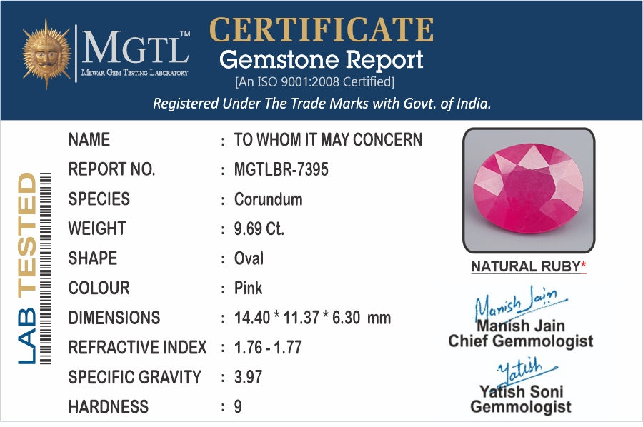 Thailand Ruby 9.69 Carat Prime Quality BR-7395