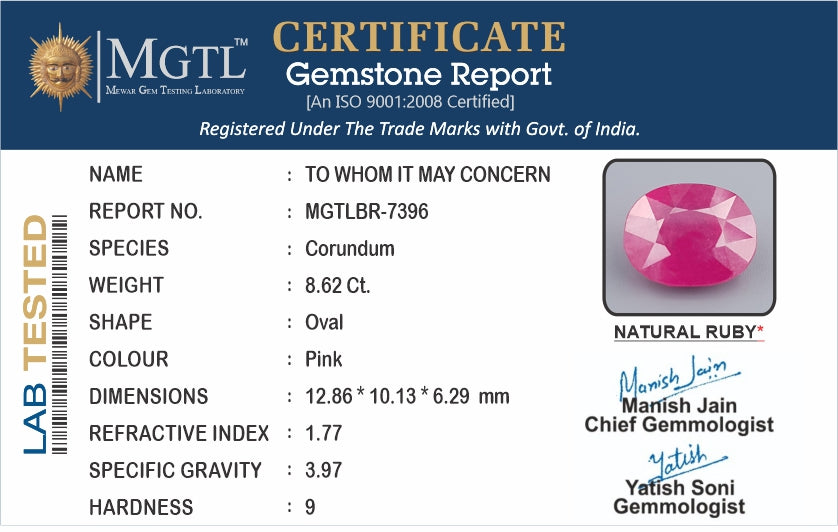 Thailand Ruby 8.62 Carat Prime Quality BR-7396