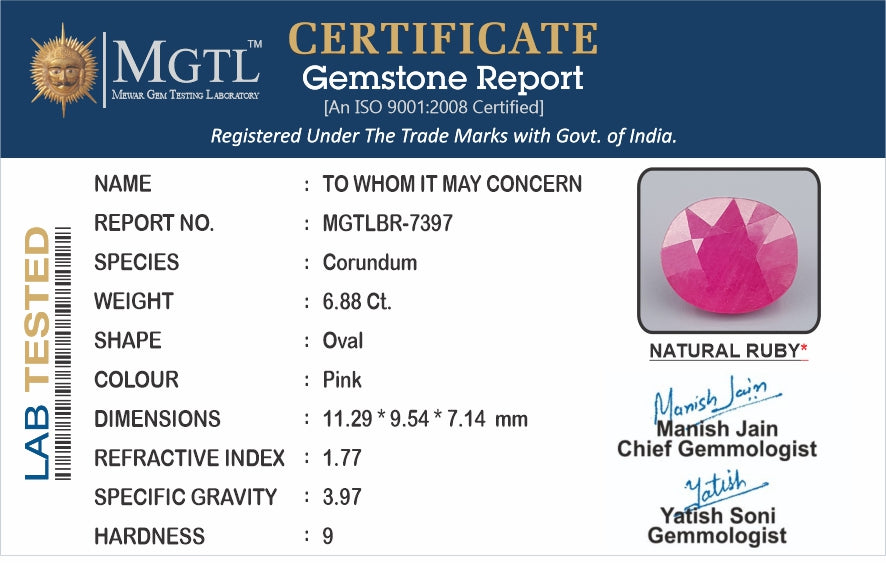 Thailand Ruby 6.88 Carat Prime Quality BR-7397