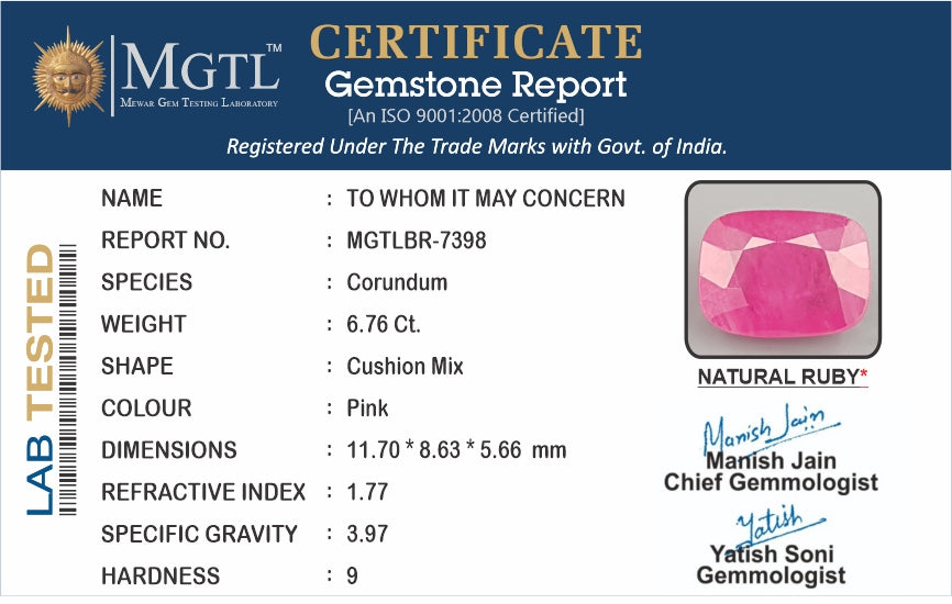 Thailand Ruby 6.76 Carat Prime Quality BR-7398