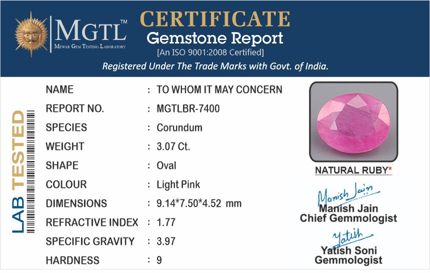 Thailand Ruby 3.07 Carat Prime Quality BR-7400