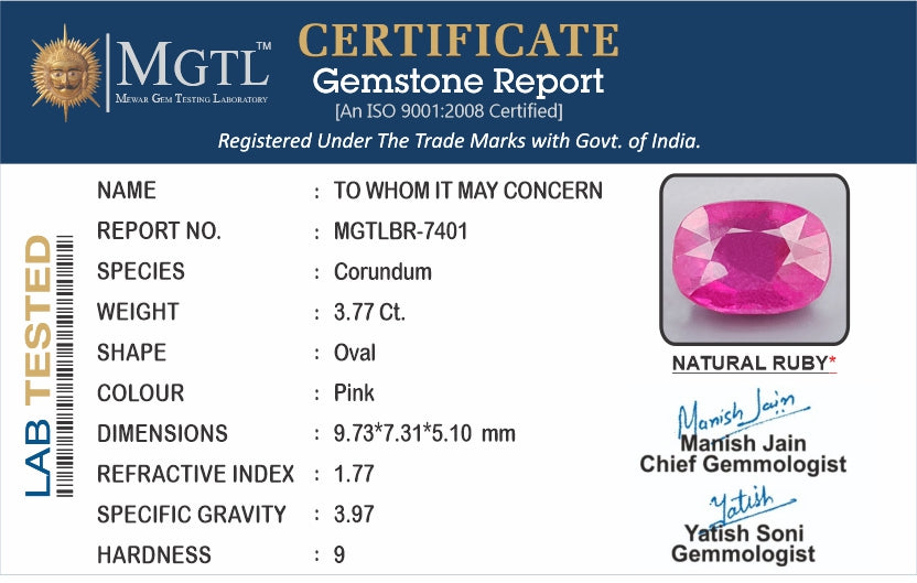 Thailand Ruby 3.77 Carat Prime Quality BR-7401