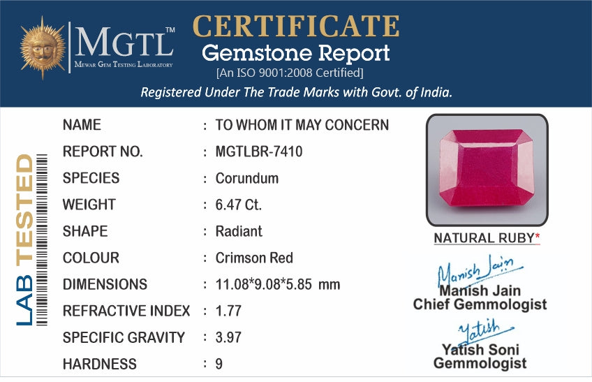 Thailand Ruby - 6.47 Carat Limited Quality BR-7410