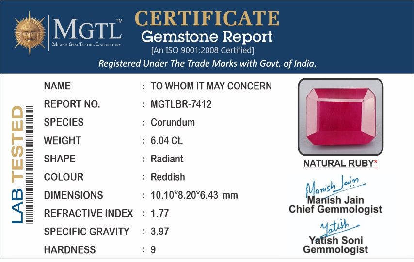 Thailand Ruby - 6.04 Carat Limited Quality BR-7412