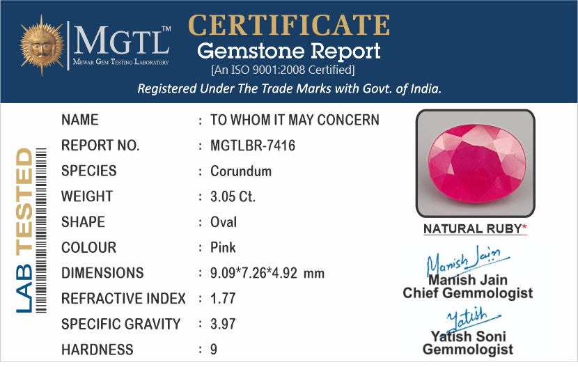 Thailand Ruby - 3.05 Carat Prime Quality BR-7416