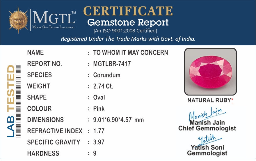 Thailand Ruby - 2.74 Carat Prime Quality BR-7417