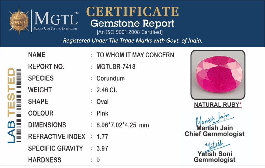 Thailand Ruby - 2.46 Carat Prime Quality BR-7418