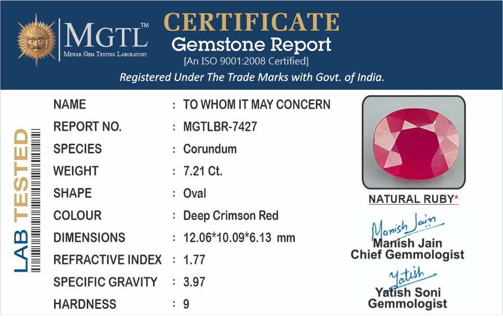 Thailand Ruby - 7.21 Carat Prime Quality BR-7427