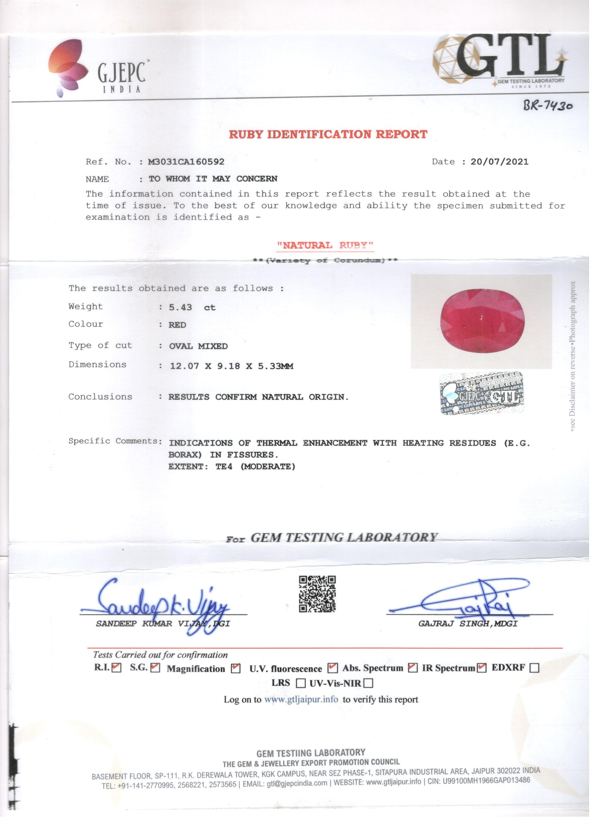 Burma Ruby - 5.43 Carat Limited Quality BR-7430