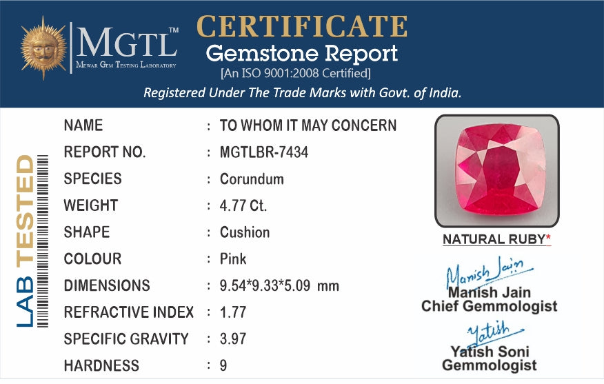 Thailand Ruby - 4.77 Carat Prime Quality BR-7434