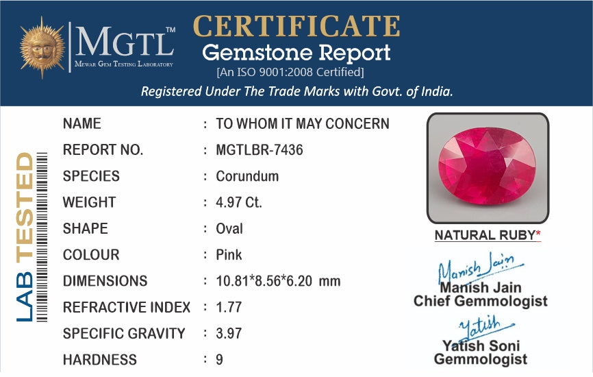 Thailand Ruby - 4.97 Carat Prime Quality BR-7436