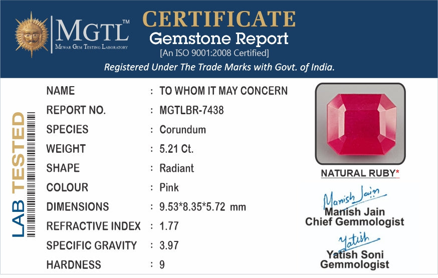 Thailand Ruby - 5.21 Carat Prime Quality BR-7438