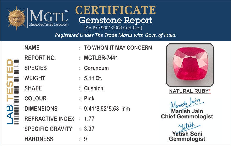 Thailand Ruby - 5.11 Carat Prime Quality BR-7441