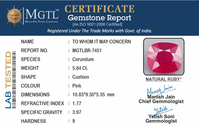 Thailand Ruby - 5.84 Carat Prime Quality BR-7451