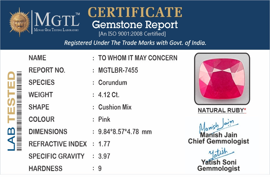 Thailand Ruby - 4.12 Carat Prime Quality BR-7455