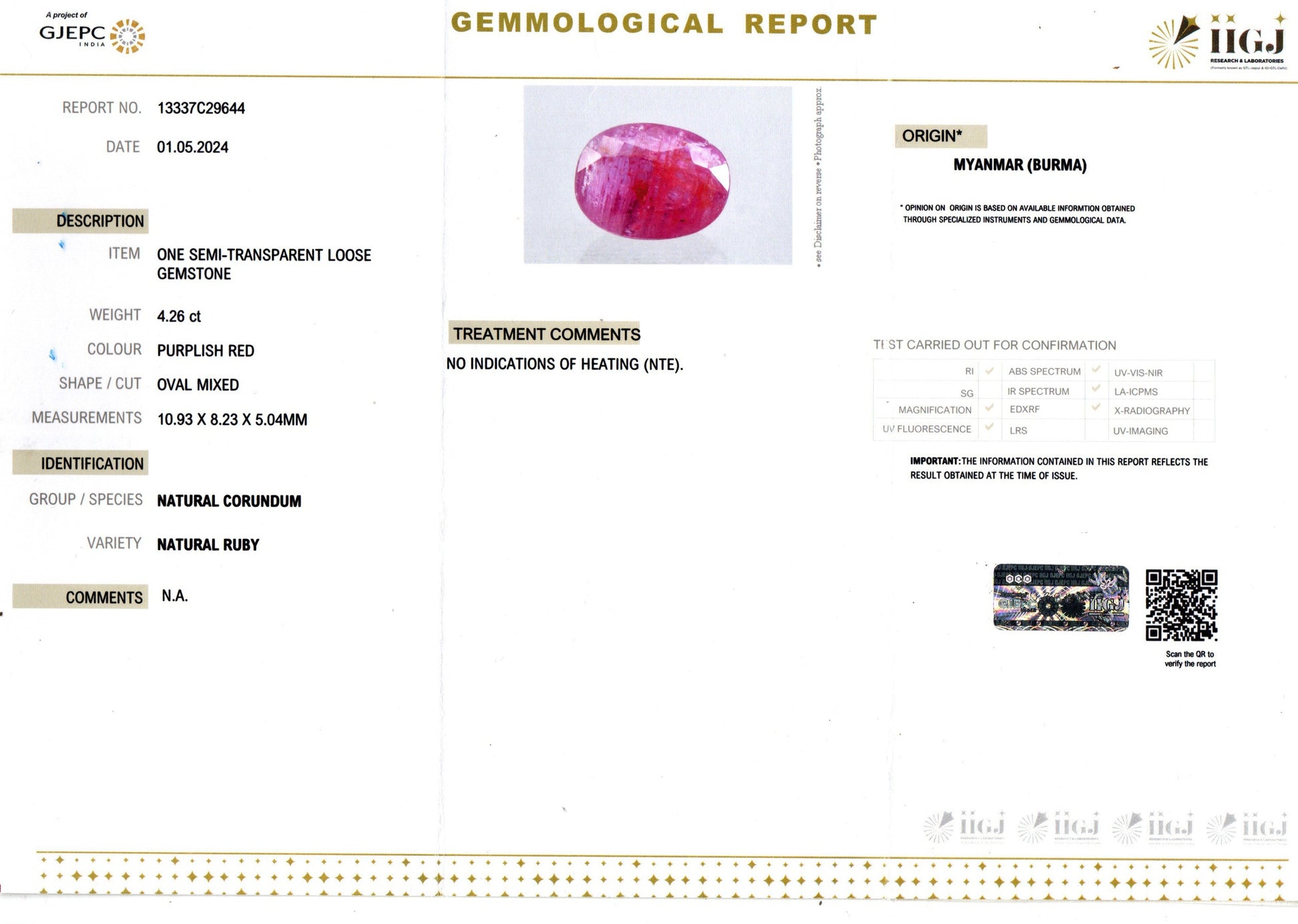 Burma Ruby - 4.26 Carat Limited Quality BR-7500