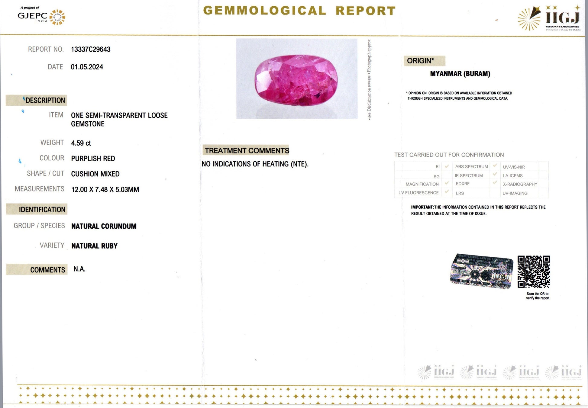 Burma Ruby - 4.59 Carat Limited Quality BR-7502