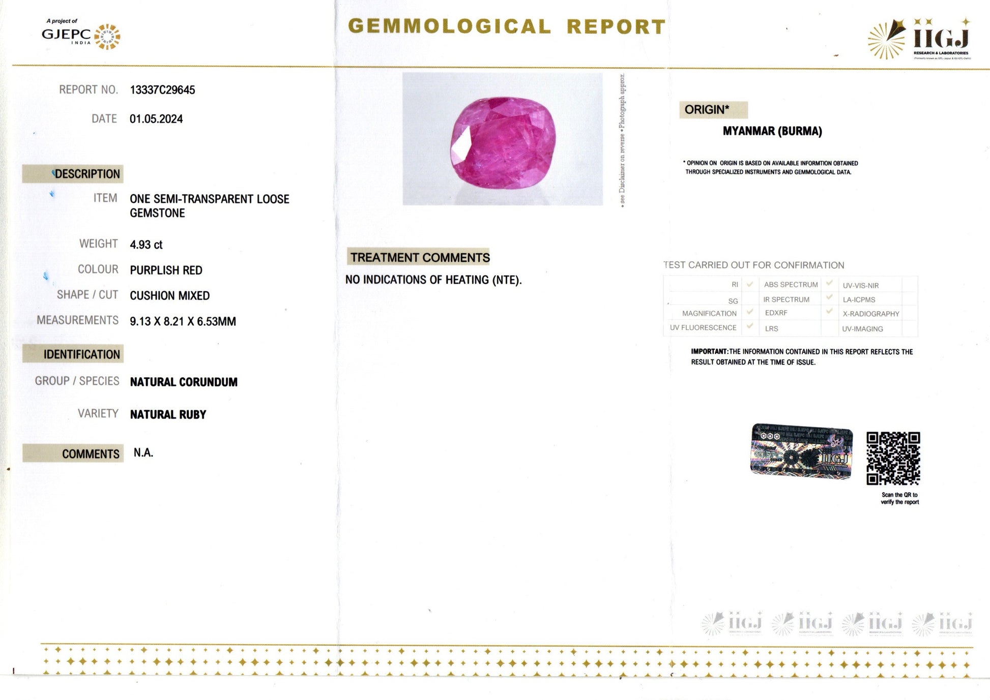 Burma Ruby - 4.93 Carat Limited Quality BR-7503