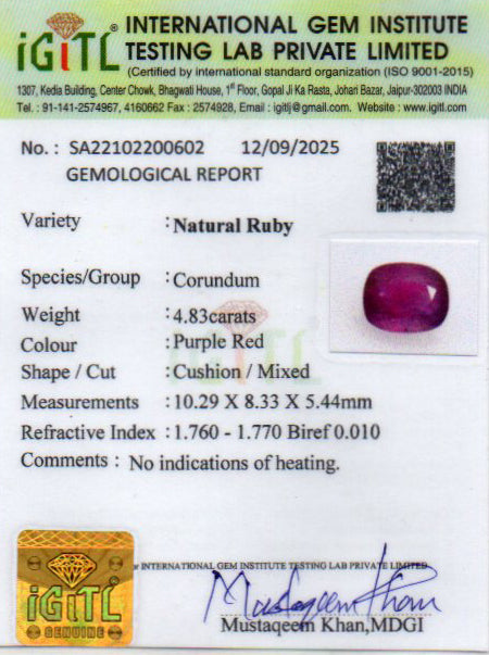 Ceylon Ruby - 4.83 Carat Limited Quality BR-7508