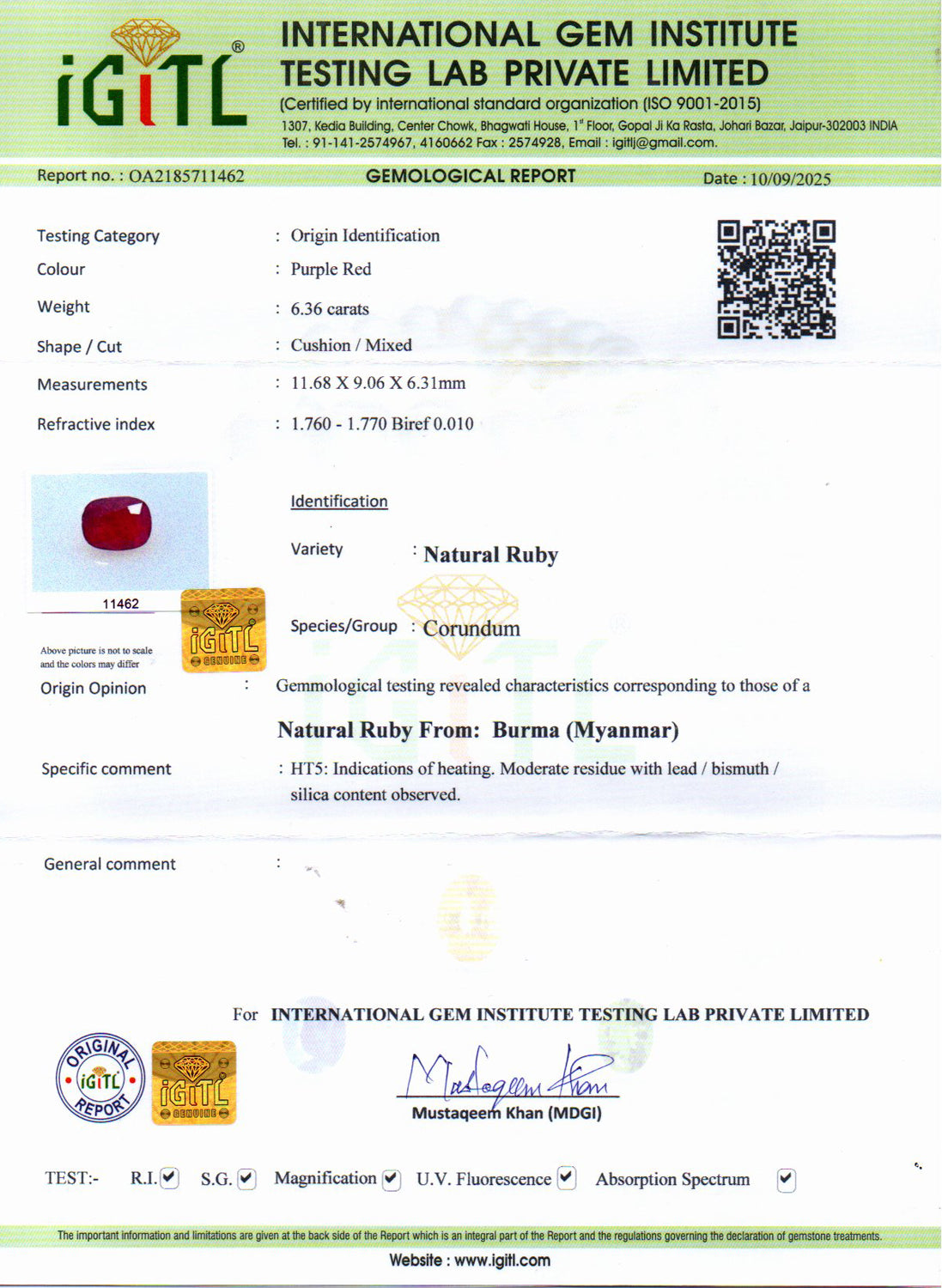 Burma Ruby - 6.36 Carat Limited Quality BR-7510