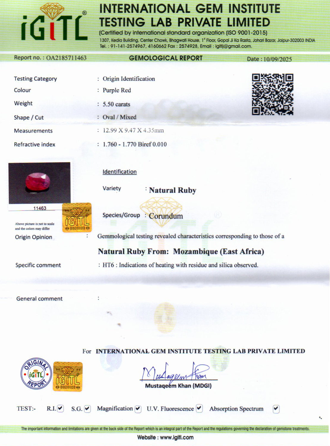 Mozambique Ruby - 5.50 Carat Limited Quality BR-7514