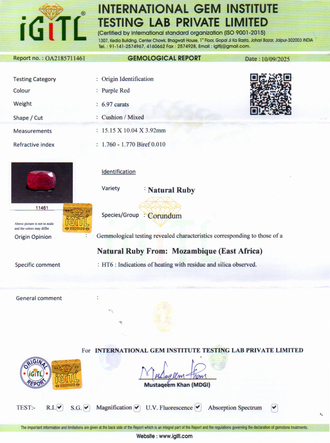 Mozambique Ruby - 6.97 Carat Limited Quality BR-7515