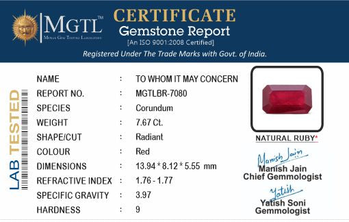 Thailand Ruby - 7.67 Carat Prime Quality BR-7080