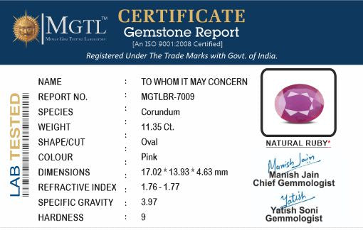 Thailand Ruby - 11.35 Carat Limited Quality BR 7009