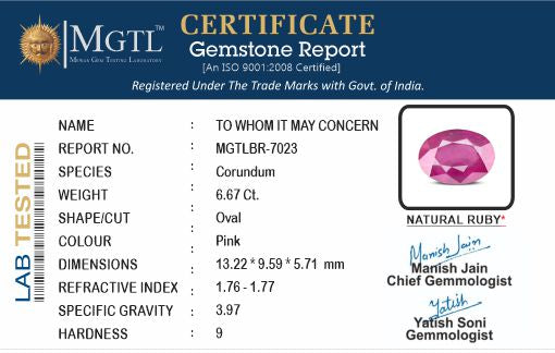 Thailand Ruby - 6.67 Carat Prime Quality BR 7023