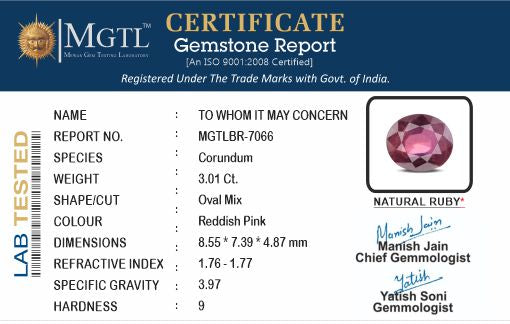 Thailand Ruby - 3.01 Carat Prime Quality BR-7066