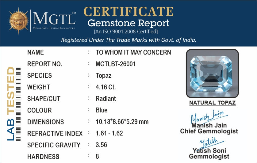 Natural Blue Topaz - 4.16 Carat Prime Quality BT-26001