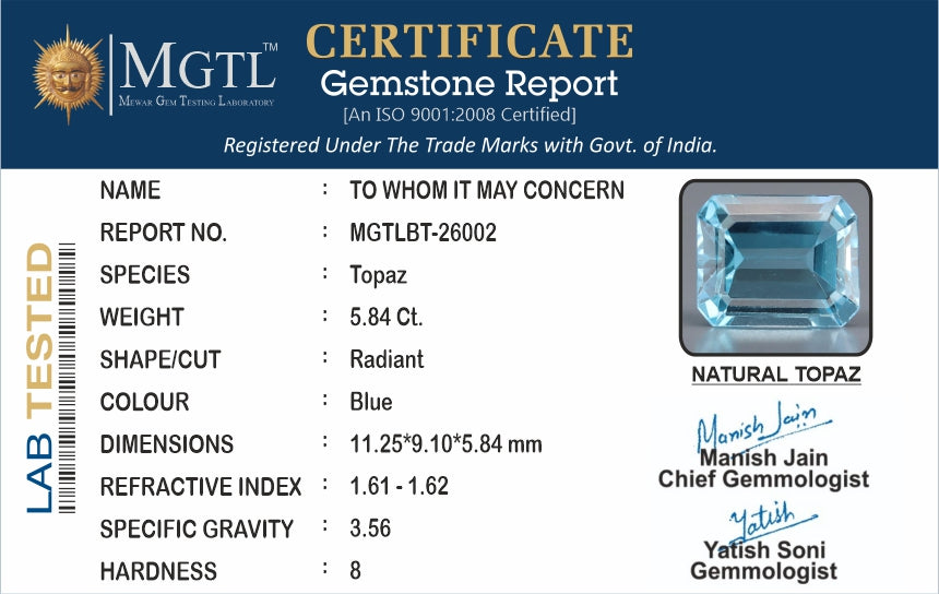 Natural Blue Topaz - 5.84 Carat Prime Quality BT-26002