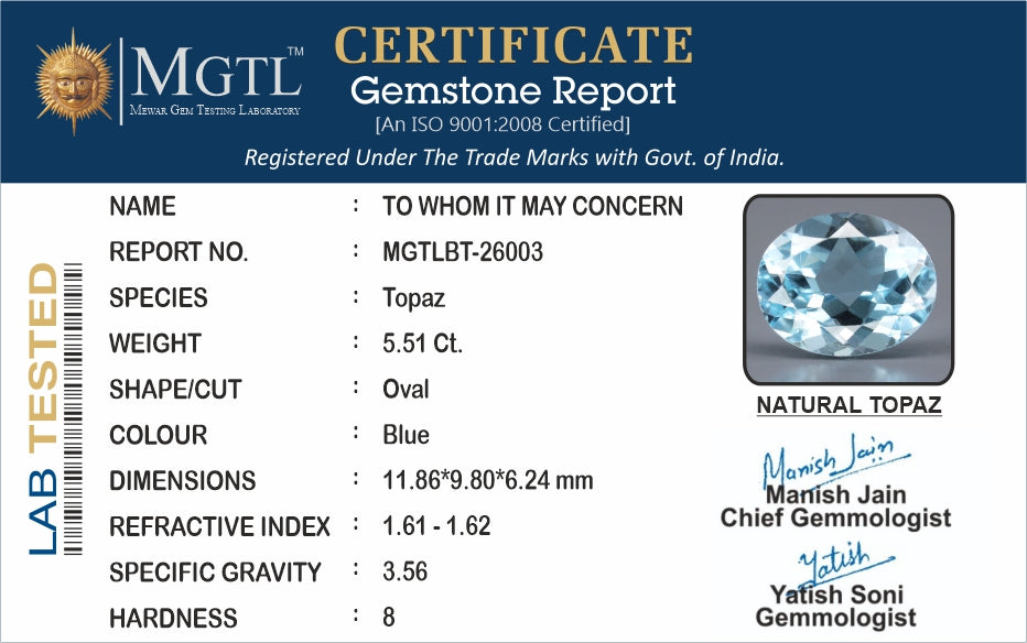 Natural Blue Topaz - 5.51 Carat Prime Quality BT-26003