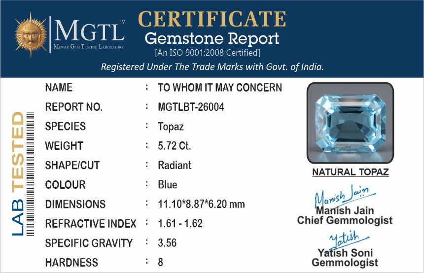Natural Blue Topaz - 5.72 Carat Prime Quality BT-26004