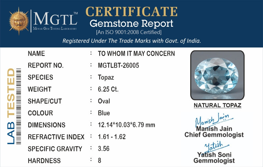Natural Blue Topaz - 6.25 Carat Prime Quality BT-26005