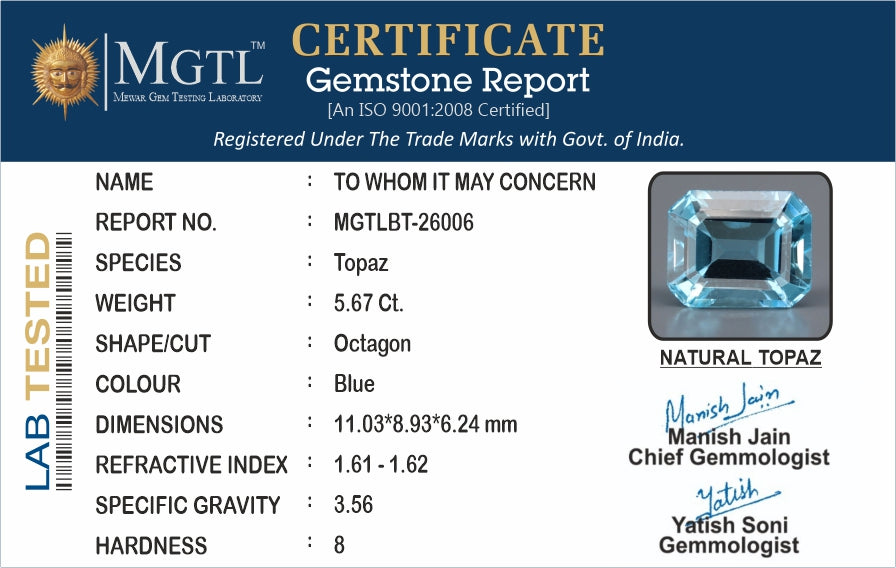 Natural Blue Topaz - 5.67 Carat Prime Quality BT-26006