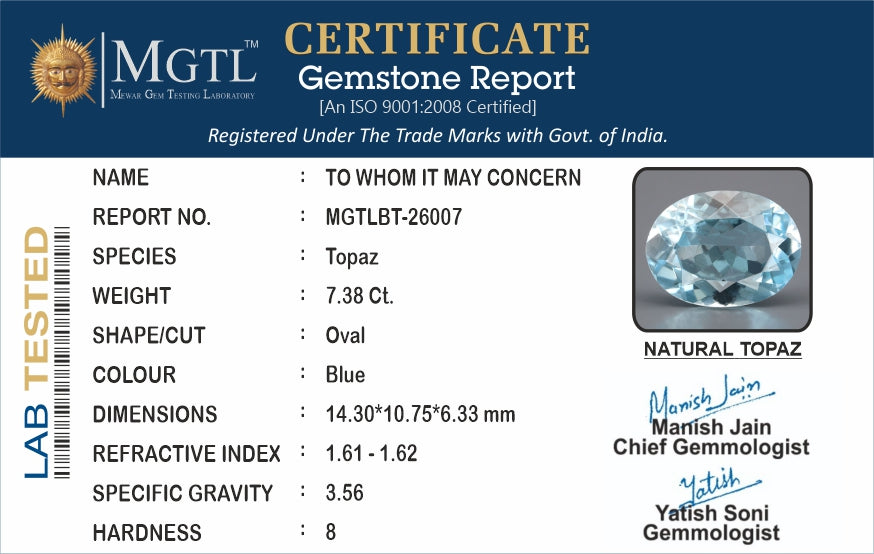 Natural Blue Topaz - 7.38 Carat Prime Quality BT-26007
