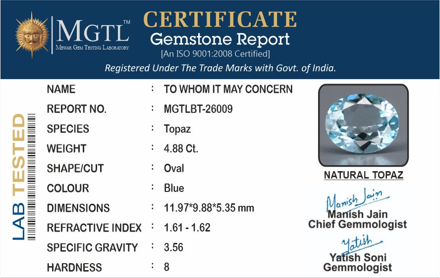 Natural Blue Topaz - 4.88 Carat Prime Quality BT-26009
