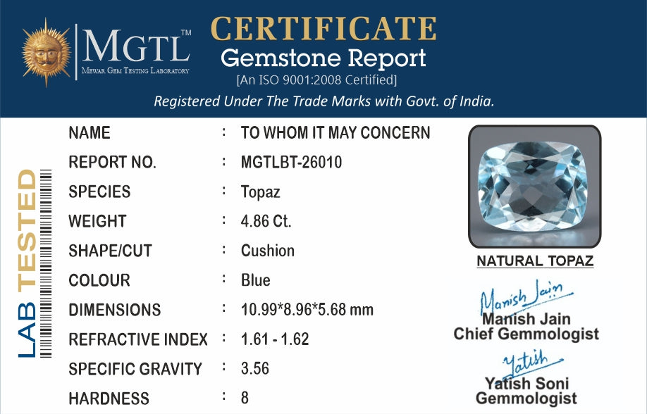 Natural Blue Topaz - 4.86 Carat Prime Quality BT-26010