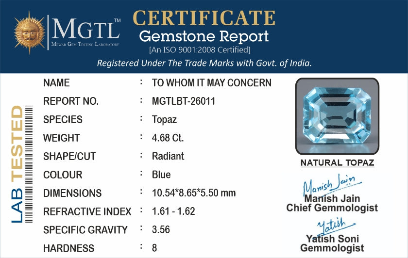 Natural Blue Topaz - 4.68 Carat Prime Quality BT-26011