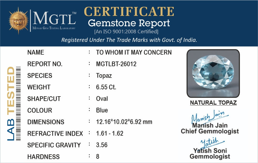 Natural Blue Topaz - 6.55 Carat Prime Quality BT-26012