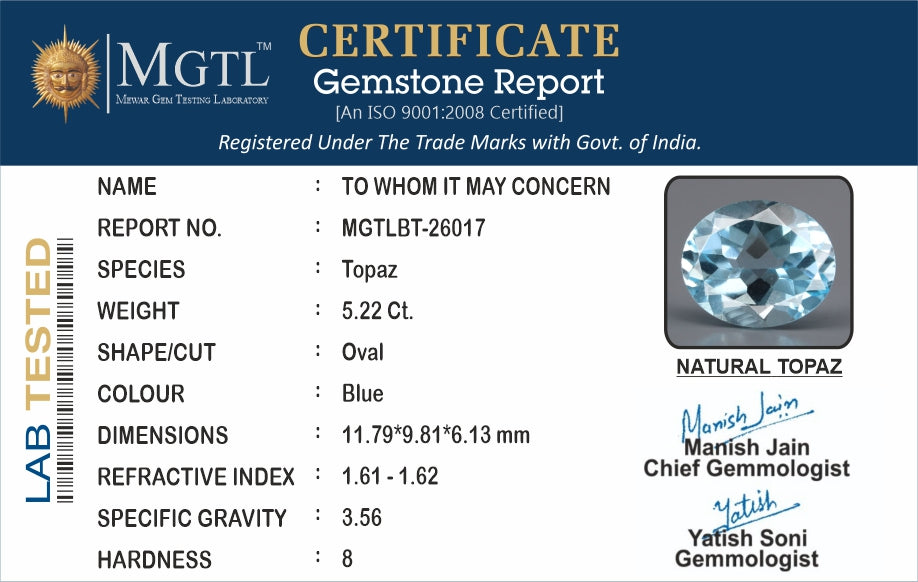 Natural Blue Topaz - 5.22 Carat Prime Quality BT-26017