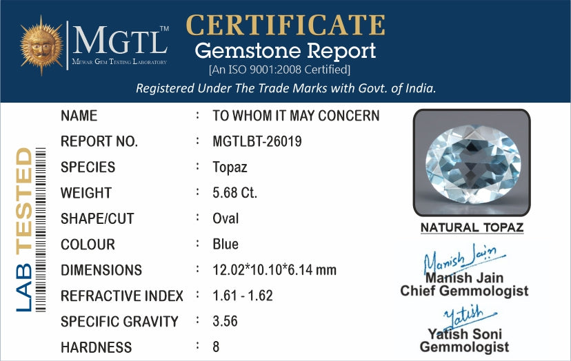 Natural Blue Topaz - 5.68 Carat Prime Quality BT-26019