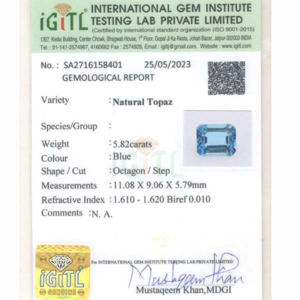 Natural Blue Topaz - 5.82 Carat Prime Quality BT-26023