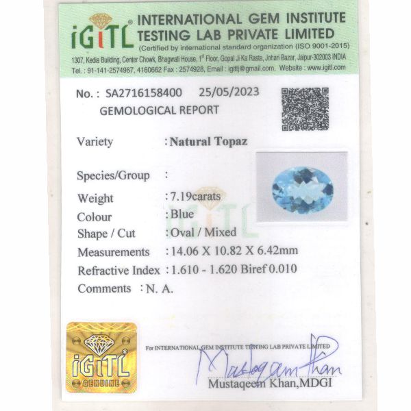 Natural Blue Topaz - 7.19 Carat Prime Quality BT-26024