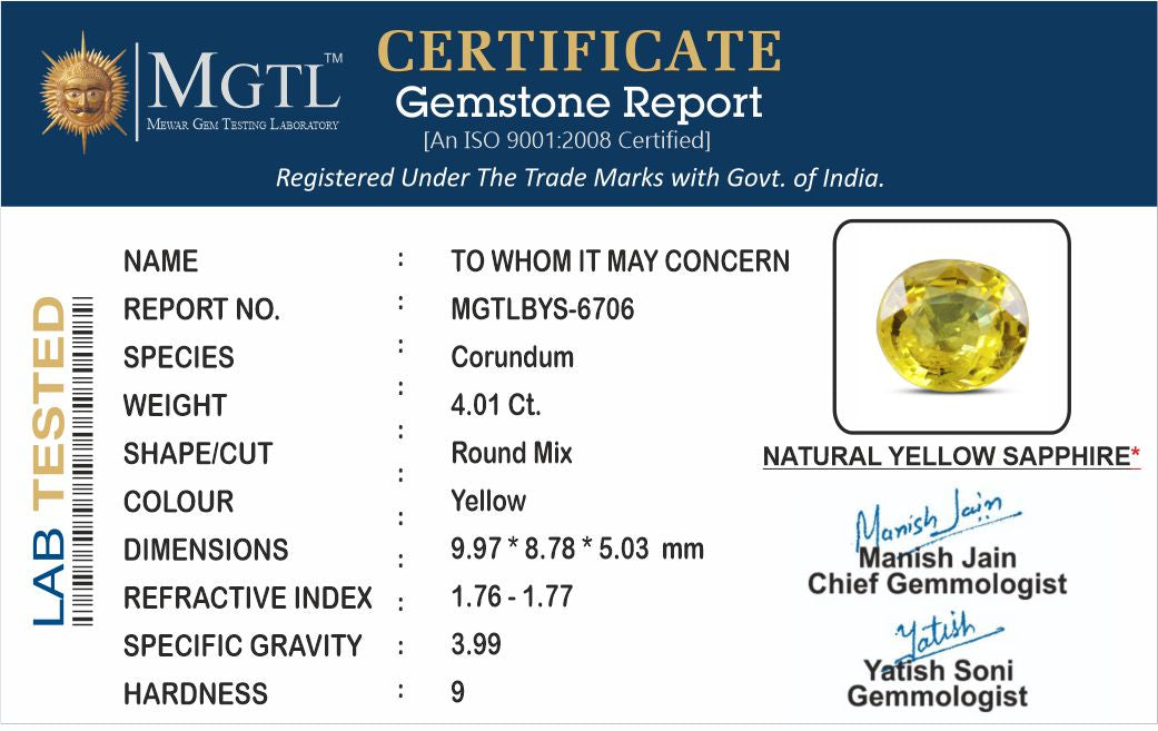 Thailand Yellow Sapphire - 4.01 Carat Prime Quality BYS-6706