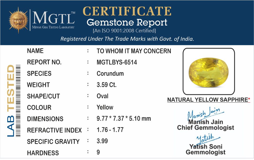 Thailand Yellow Sapphire - 3.59 Carat Prime Quality BYS-6514