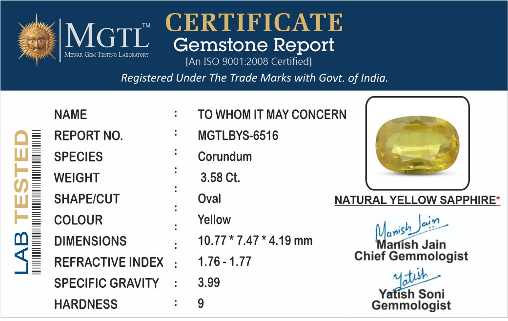 Thailand Yellow Sapphire - 3.58 Carat Prime Quality BYS-6516